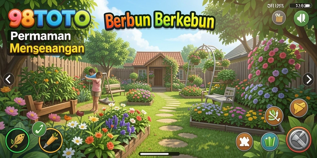 Tampilan gameplay 98TOTO dengan ladang yang subur dan berbagai tanaman.