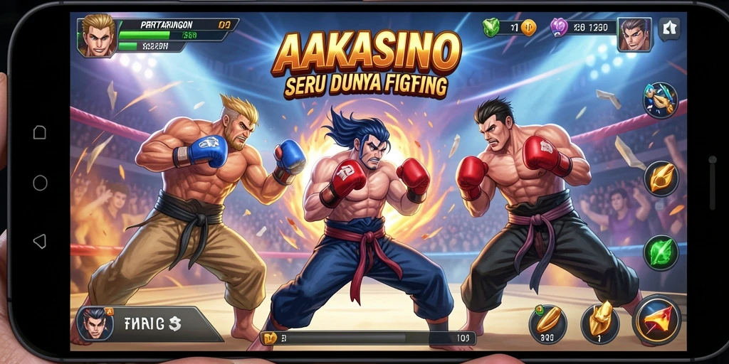 Tampilan gameplay seru dalam AAKASINO saat bertarung dengan karakter unik.