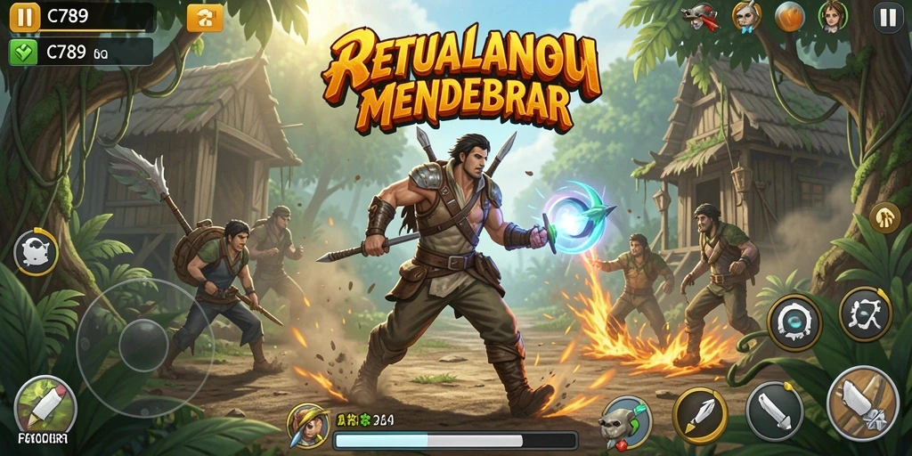 Screenshot utama C789 menampilkan aksi intens dengan karakter yang menyerang musuh.