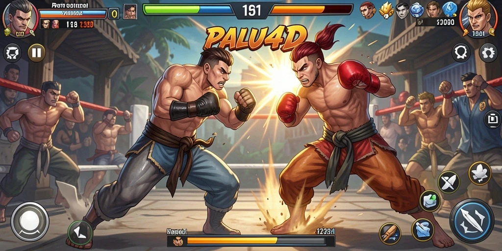 Screenshot utama PALU4D menampilkan pertarungan seru antara dua karakter dengan aksi spektakuler.