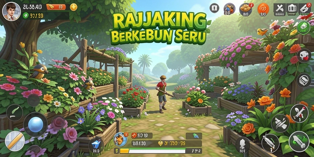 Tampilan gameplay seru dari RAJAKING yang menunjukkan kebun yang subur.