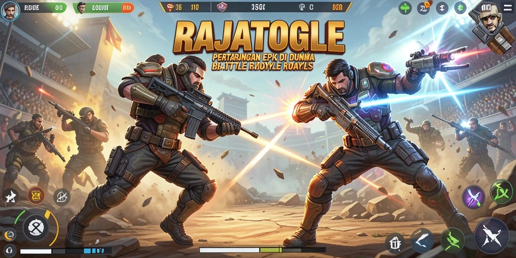 Screenshot utama RAJATOGEL menampilkan aksi seru dalam pertempuran Battle Royale.