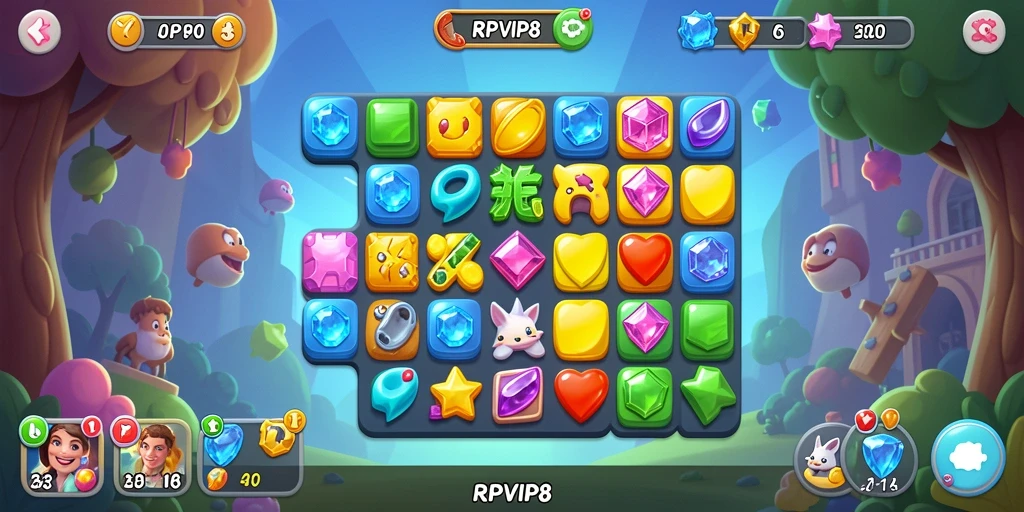 Tampilan gameplay RPVIP8 yang seru dengan elemen Match-3 warna-warni.