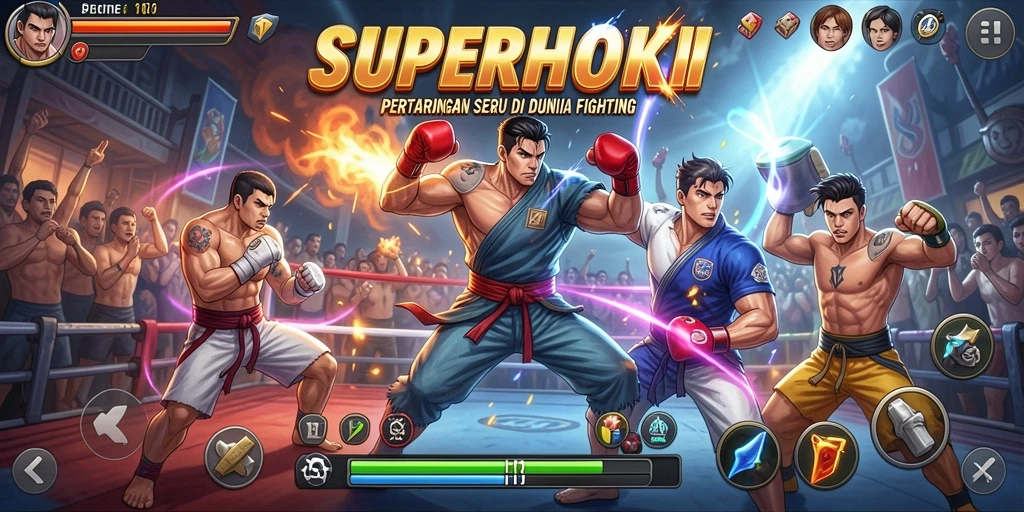 Tampilan gameplay seru di arena Fighting SUPERHOKI.