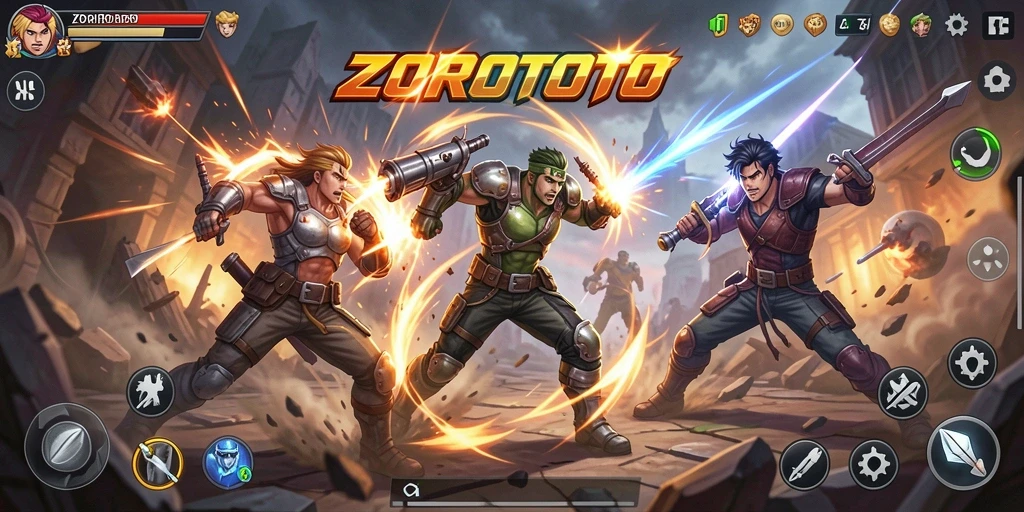 Tampilkan pertarungan epik dalam ZOROTOTO dengan karakter yang menonjol.
